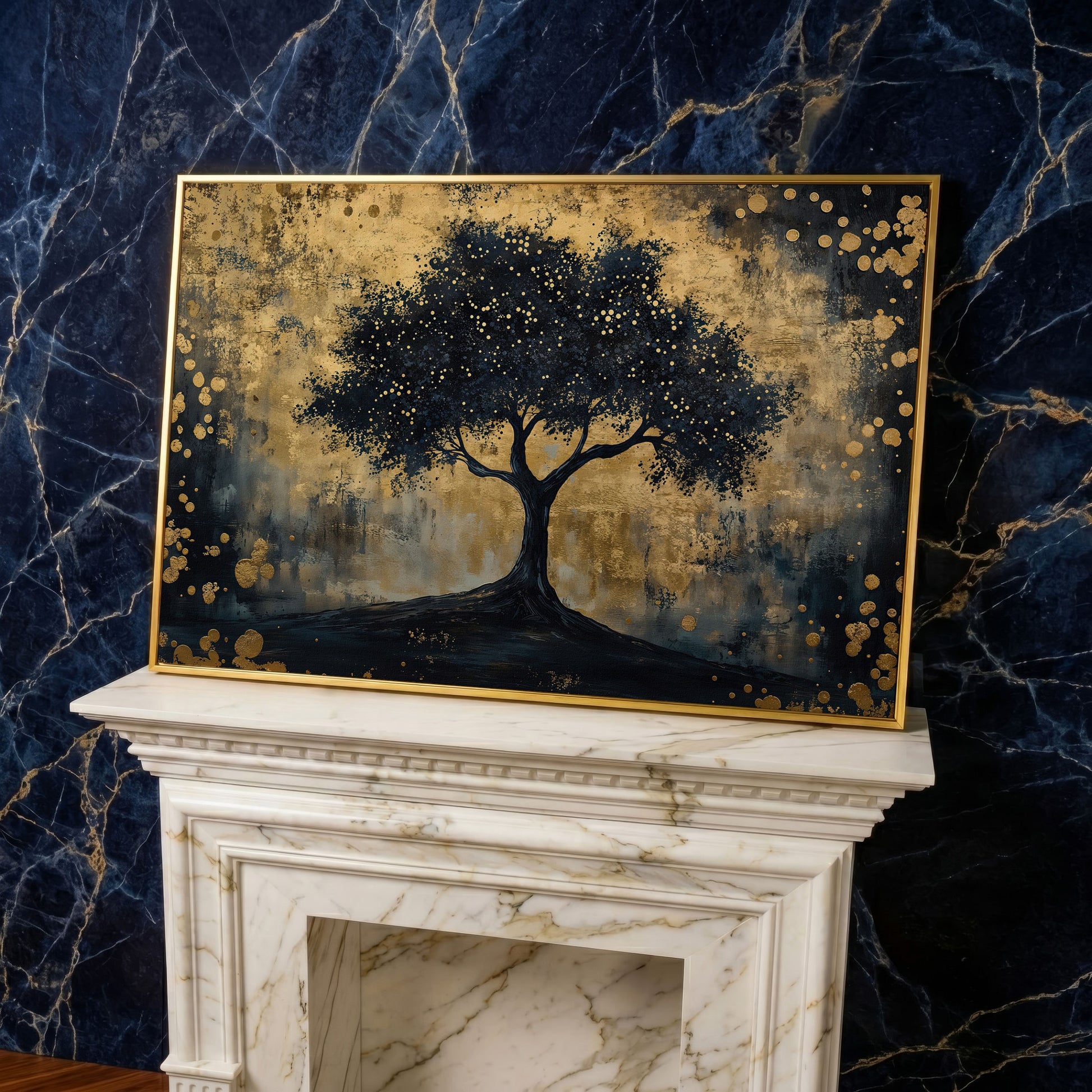 Mystical Beauty Tree Black and Gold Canvas in yellow gold floating frame