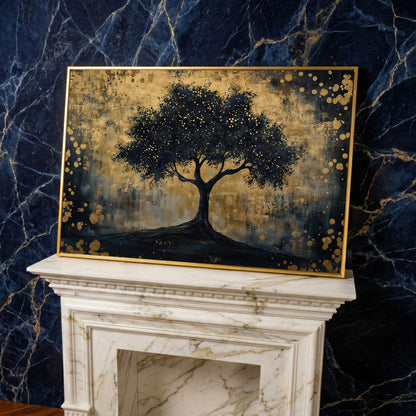 Mystical Beauty Tree Black and Gold Canvas in yellow gold floating frame