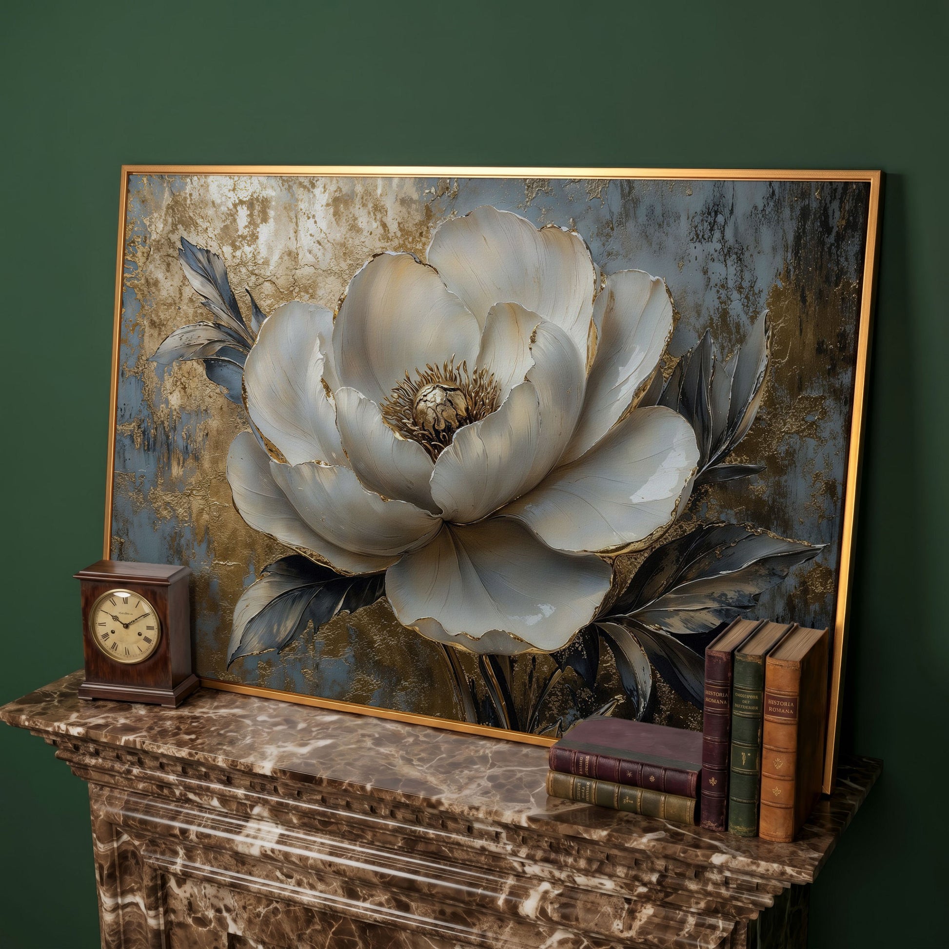 Golden Peony Blossom Canvas in antique gold floating frame
