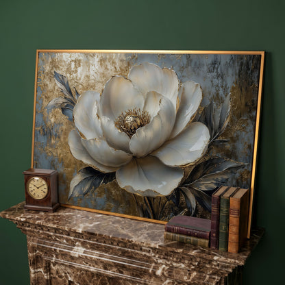 Golden Peony Blossom Canvas in antique gold floating frame