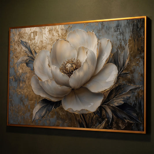 Golden Peony Blossom Canvas shown in antique gold floating frame