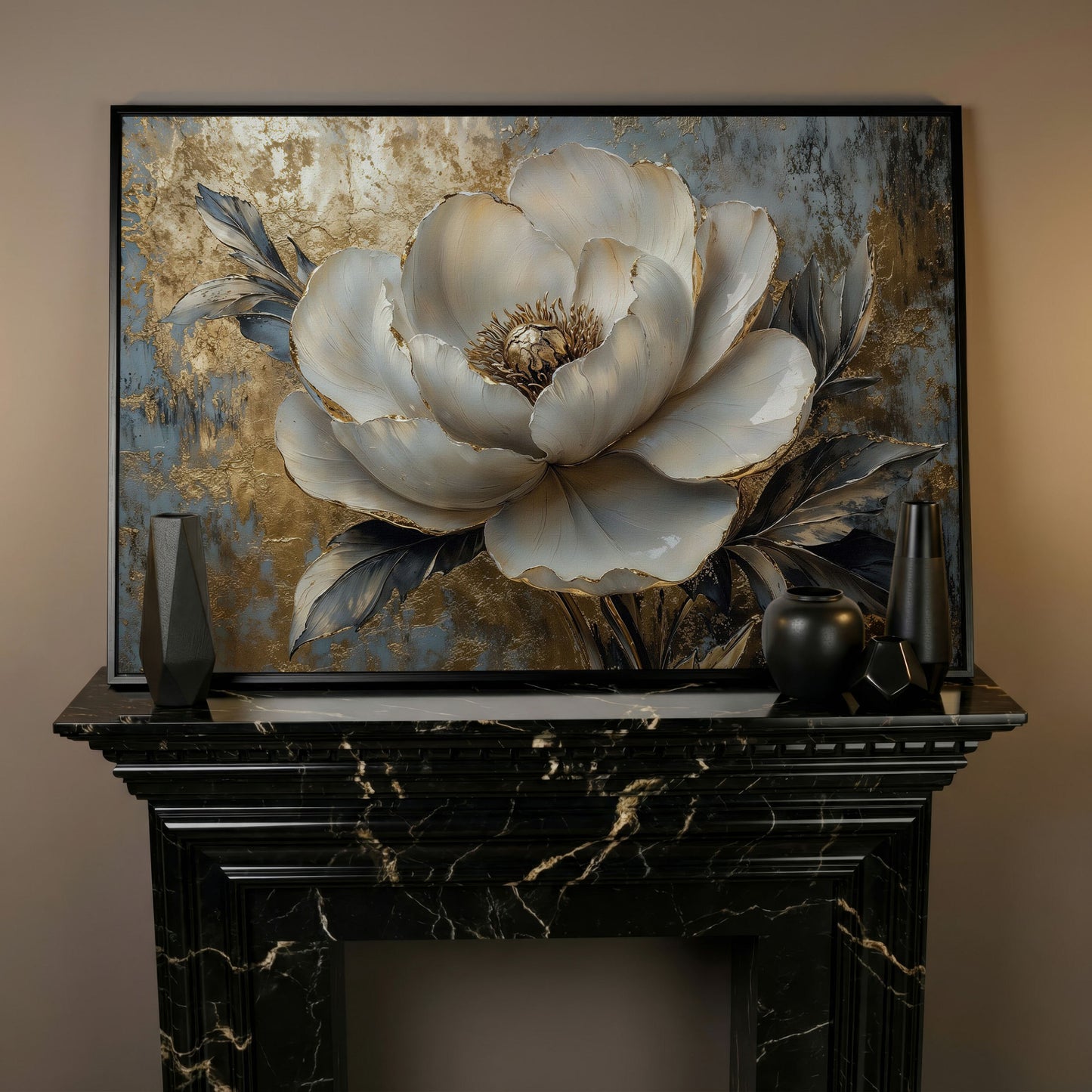 Golden Peony Blossom Canvas in black floating frame