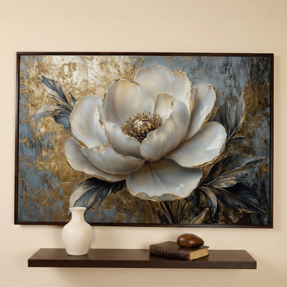 Golden Peony Blossom Canvas in dark walnut floating frame
