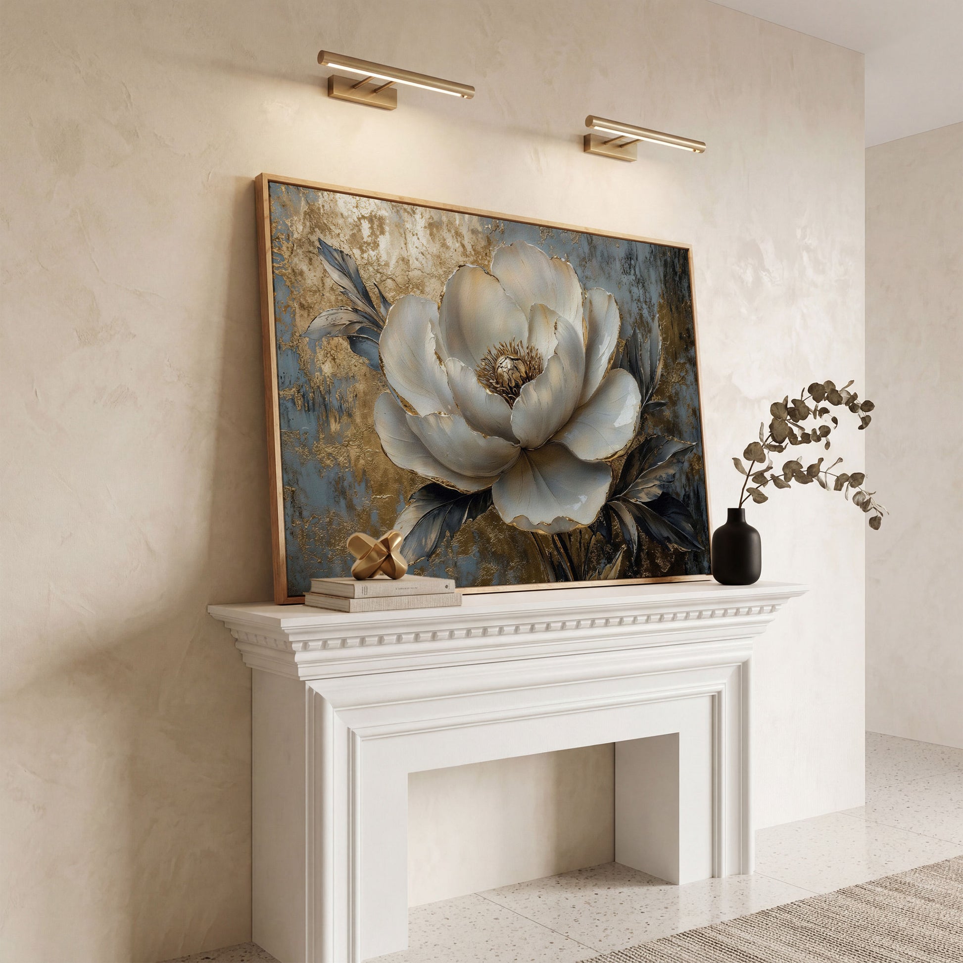 Golden Peony Blossom Canvas in white oak floating frame