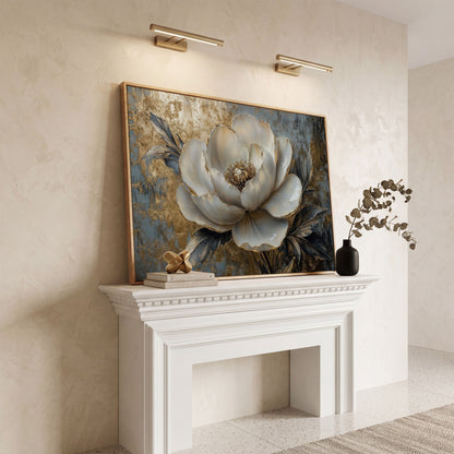 Golden Peony Blossom Canvas in white oak floating frame