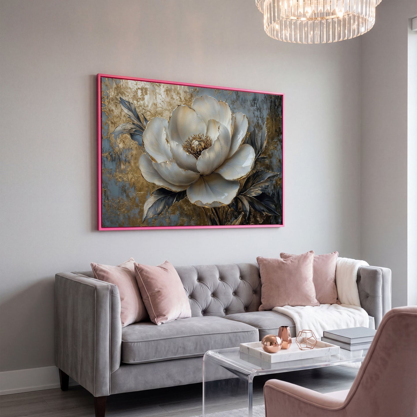 Golden Peony Blossom Canvas in pink floating frame