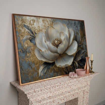 Golden Peony Blossom Canvas in rose gold floating frame