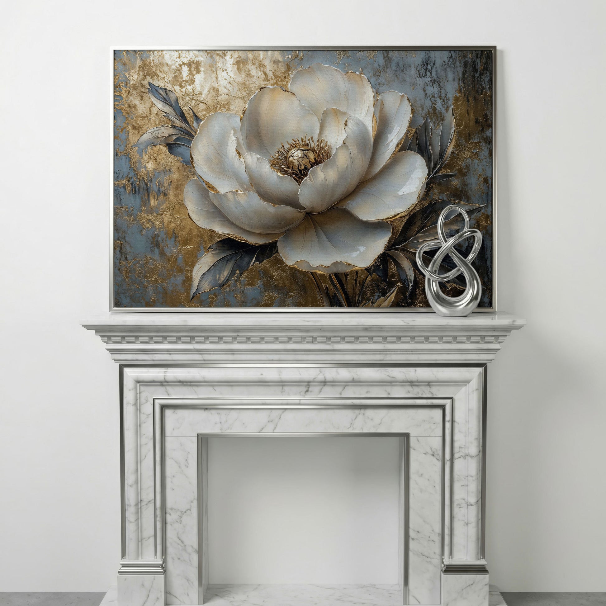 Golden Peony Blossom Canvas in silver floating frame