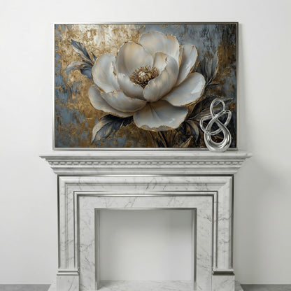 Golden Peony Blossom Canvas in silver floating frame