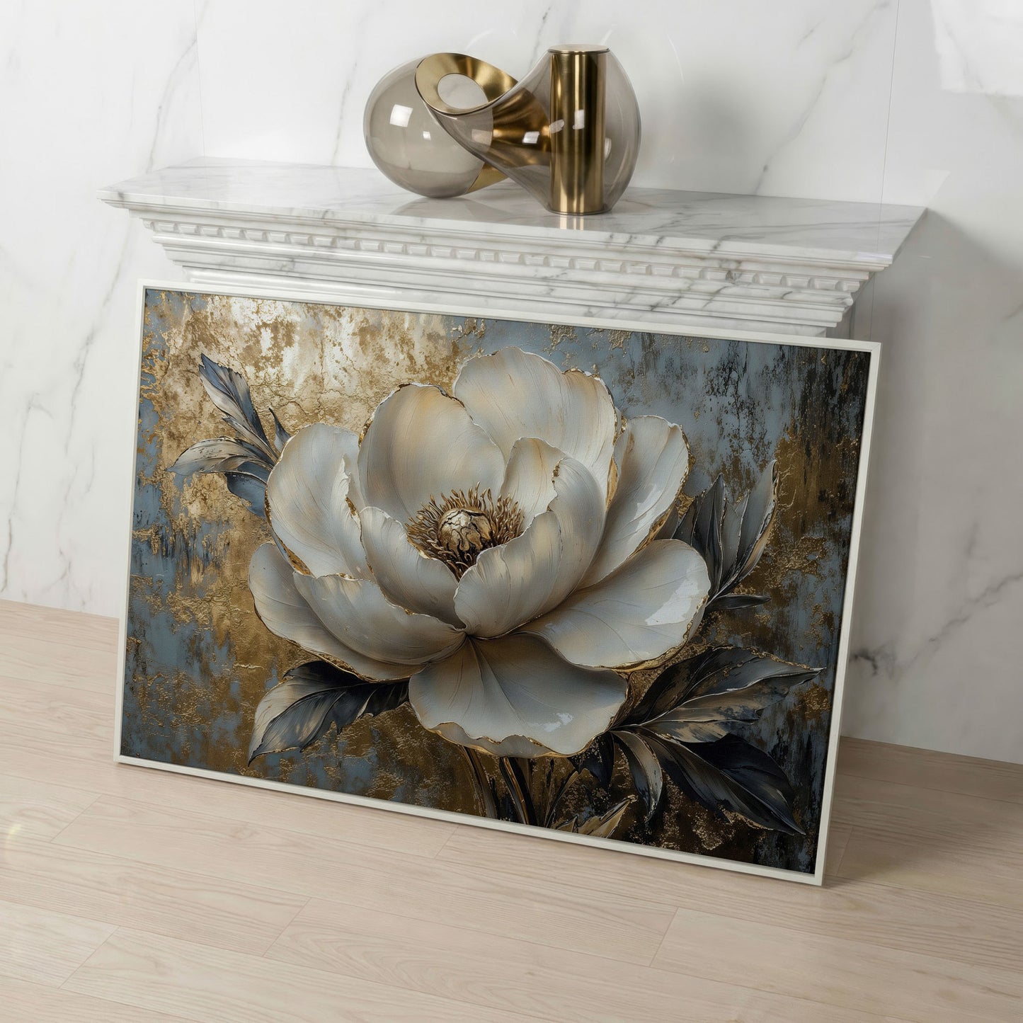 Golden Peony Blossom Canvas in white floating frame