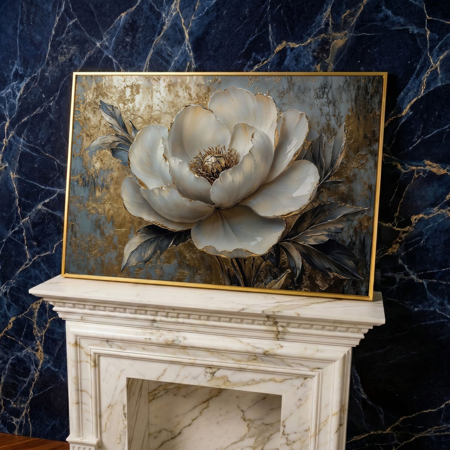 Golden Peony Blossom Canvas in yellow gold floating frame