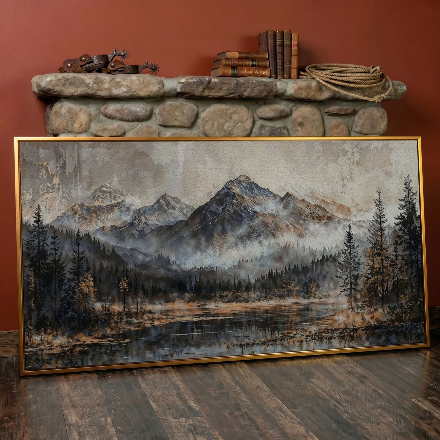 Misty Mountains Landscape Canvas in antique gold floating frame