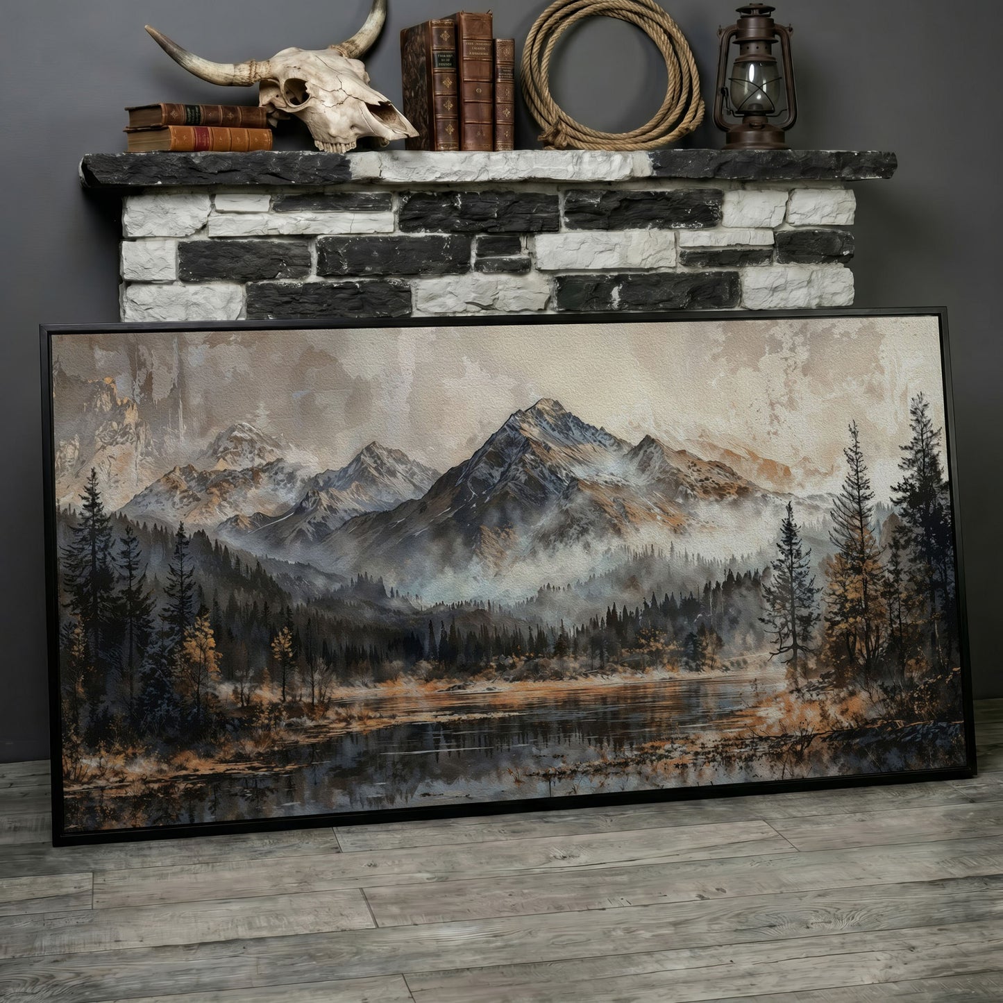 Misty Mountains Landscape Canvas in black floating frame