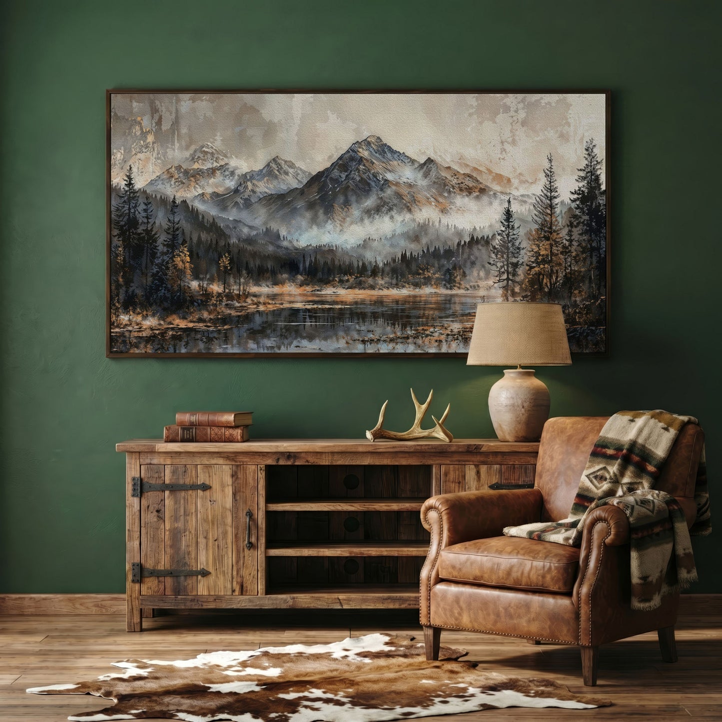 Misty Mountains Landscape Canvas in dark walnut floating frame