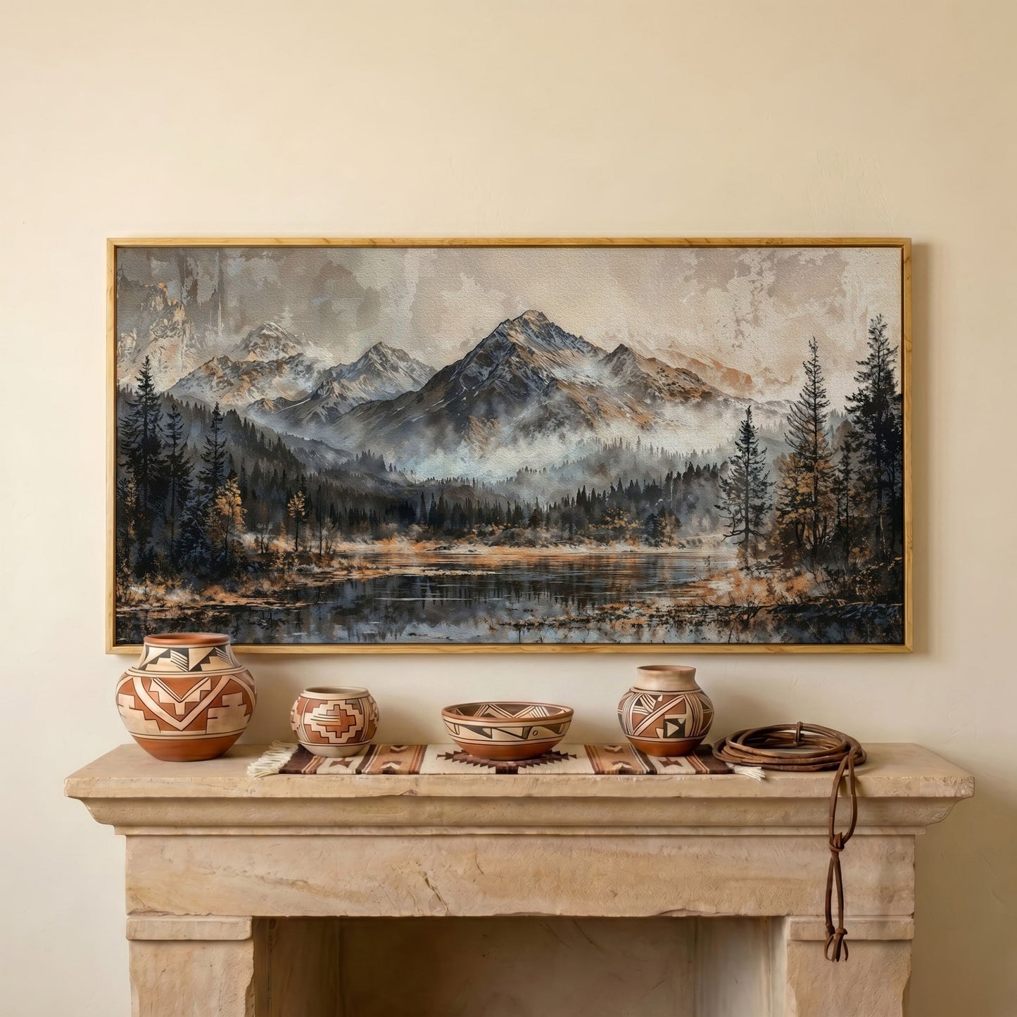 Misty Mountains Landscape Canvas in white oak floating frame
