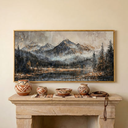 Misty Mountains Landscape Canvas in white oak floating frame