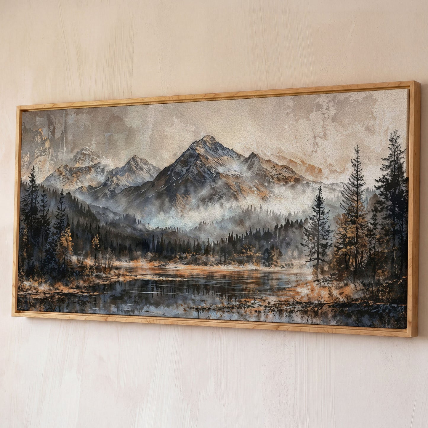 Misty Mountains Landscape Canvas shown in white oak floating frame
