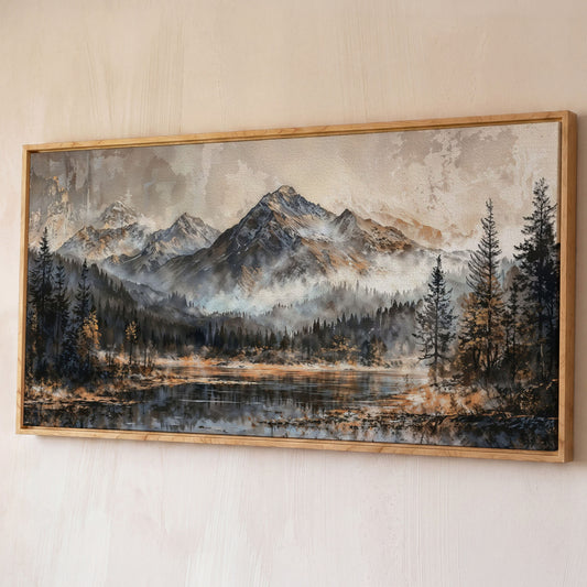 Misty Mountains Landscape Canvas shown in white oak floating frame