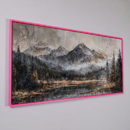 Misty Mountains Landscape Canvas in pink floating frame