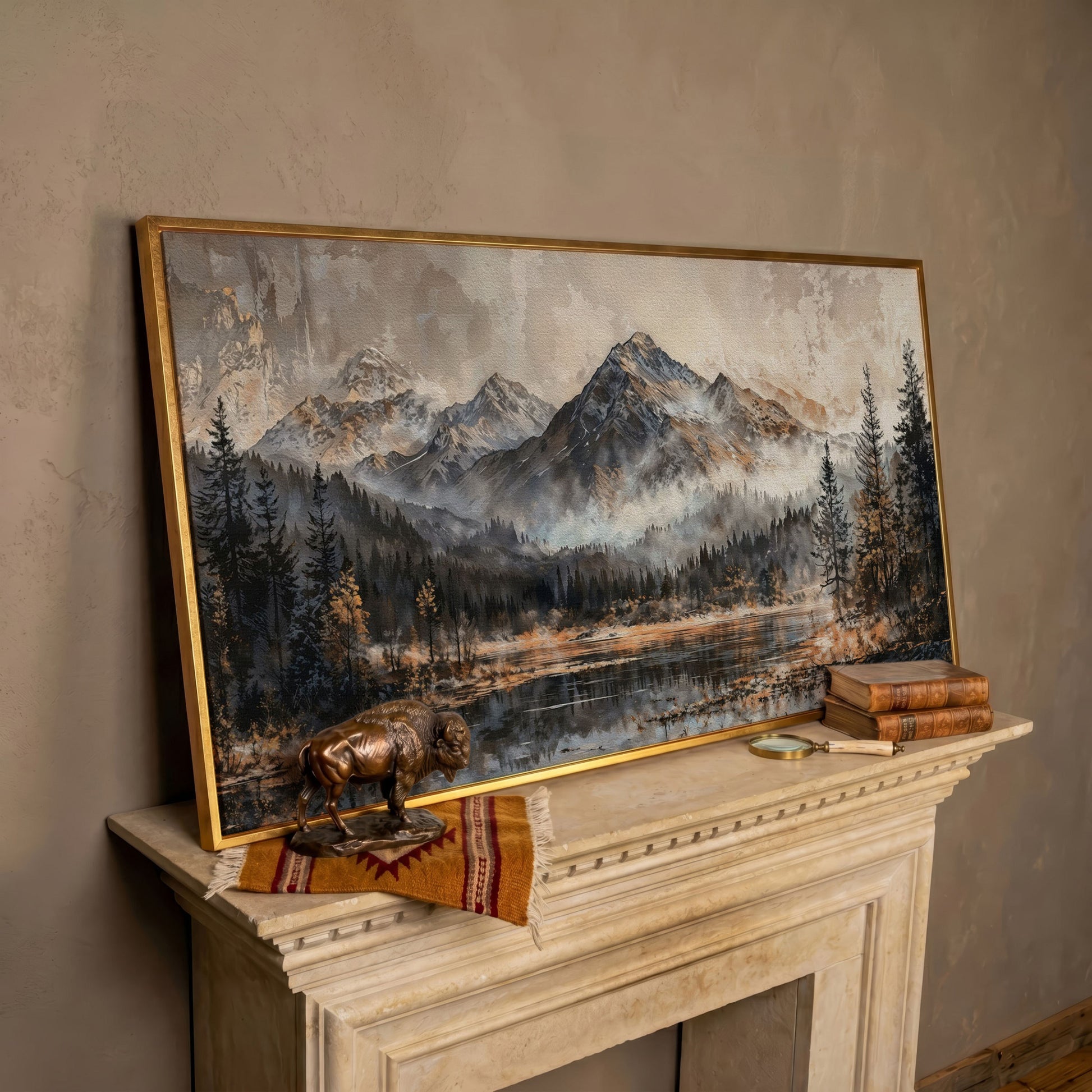 Misty Mountains Landscape Canvas in rose gold floating frame