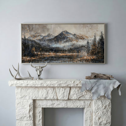 Misty Mountains Landscape Canvas in silver floating frame