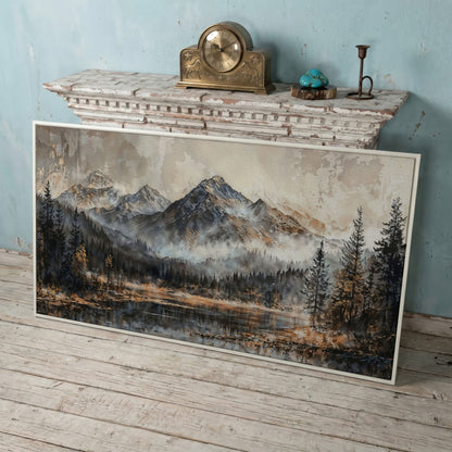Misty Mountains Landscape Canvas in white floating frame
