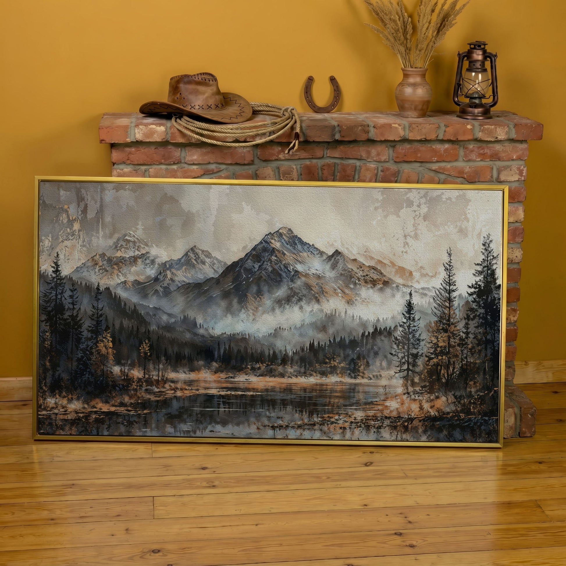 Misty Mountains Landscape Canvas in yellow gold floating frame