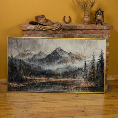Misty Mountains Landscape Canvas in yellow gold floating frame