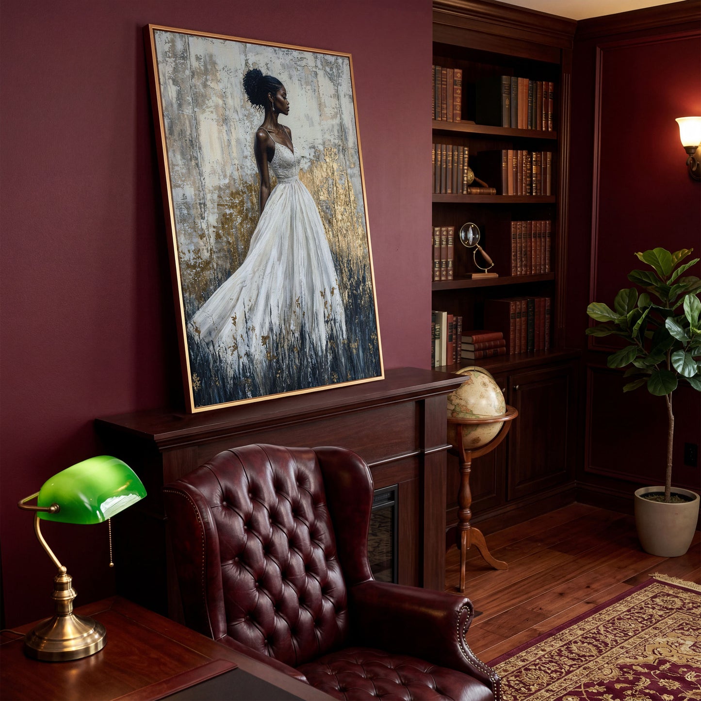 Woman in White Dress, Ivory & Ochre Portrait Canvas in antique gold floating frame