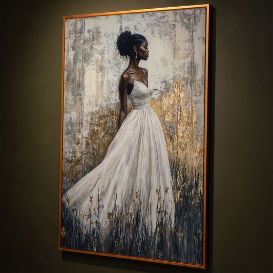 Woman in White Dress, Ivory & Ochre Portrait Canvas shown in antique gold floating frame