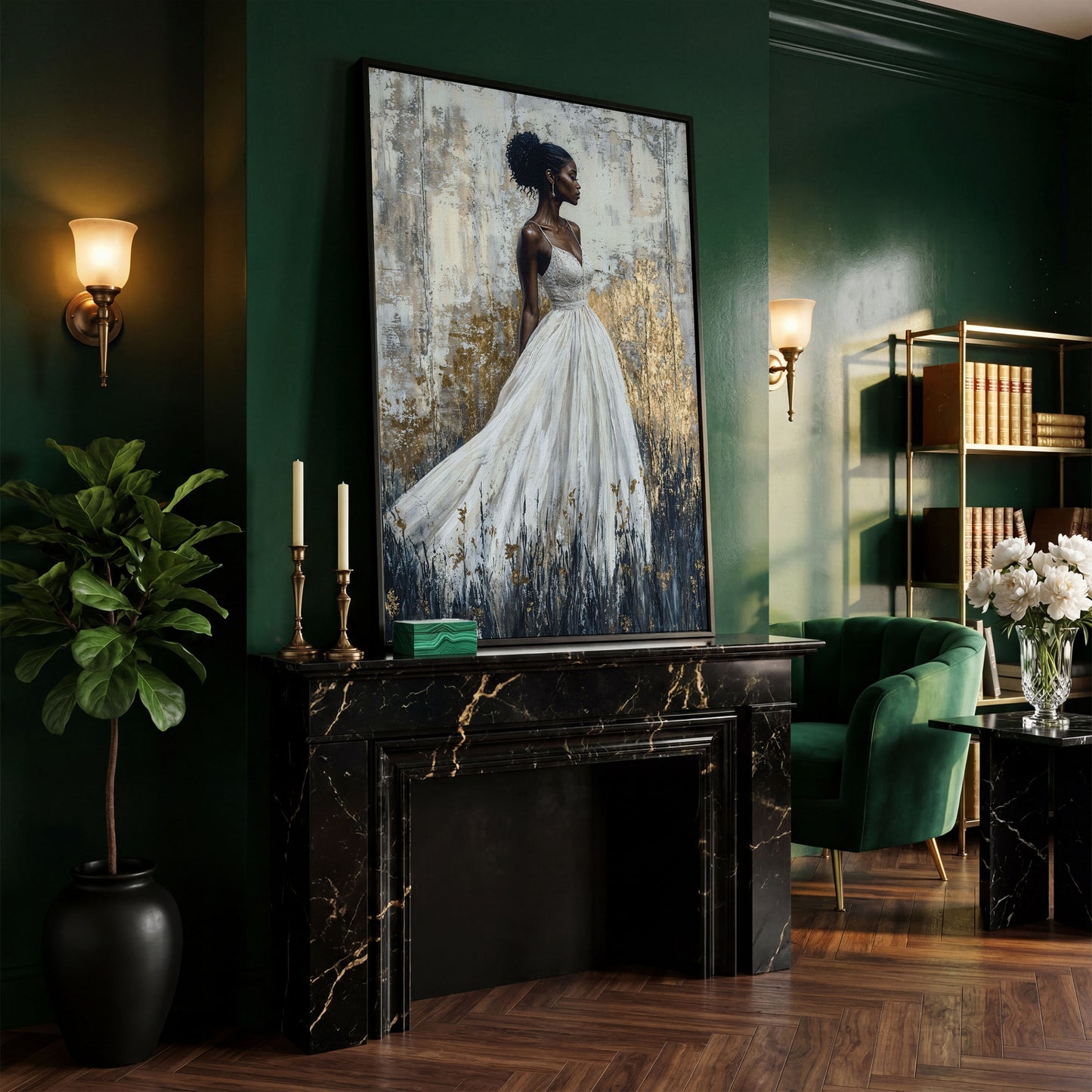 Woman in White Dress, Ivory & Ochre Portrait Canvas in black floating frame