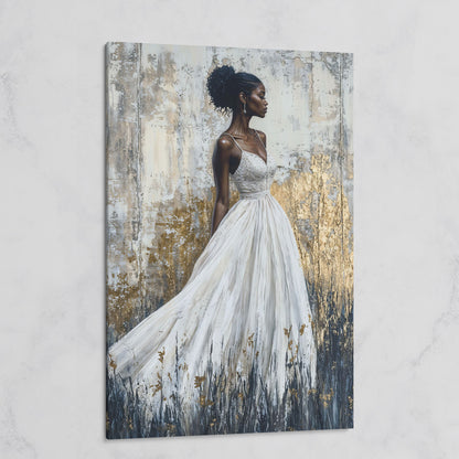 Woman in White Dress, Ivory & Ochre Portrait Canvas on gallery wrap