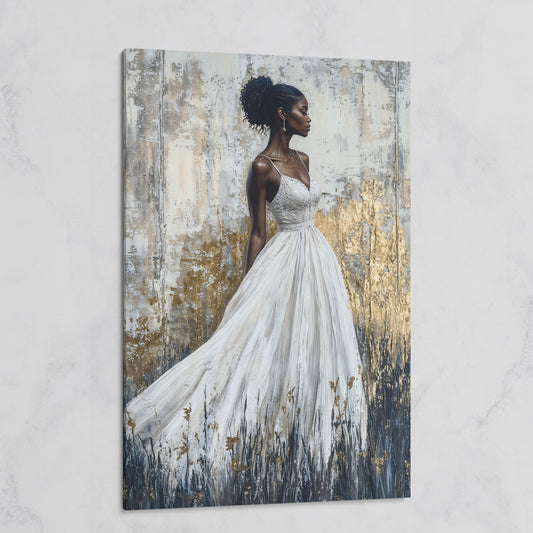 Woman in White Dress, Ivory & Ochre Portrait Canvas on gallery wrap