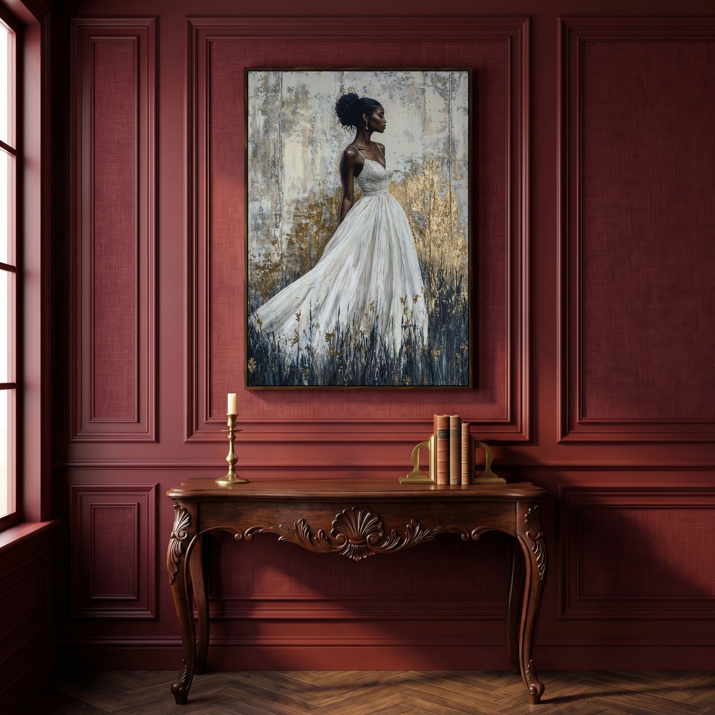Woman in White Dress, Ivory & Ochre Portrait Canvas in dark walnut floating frame