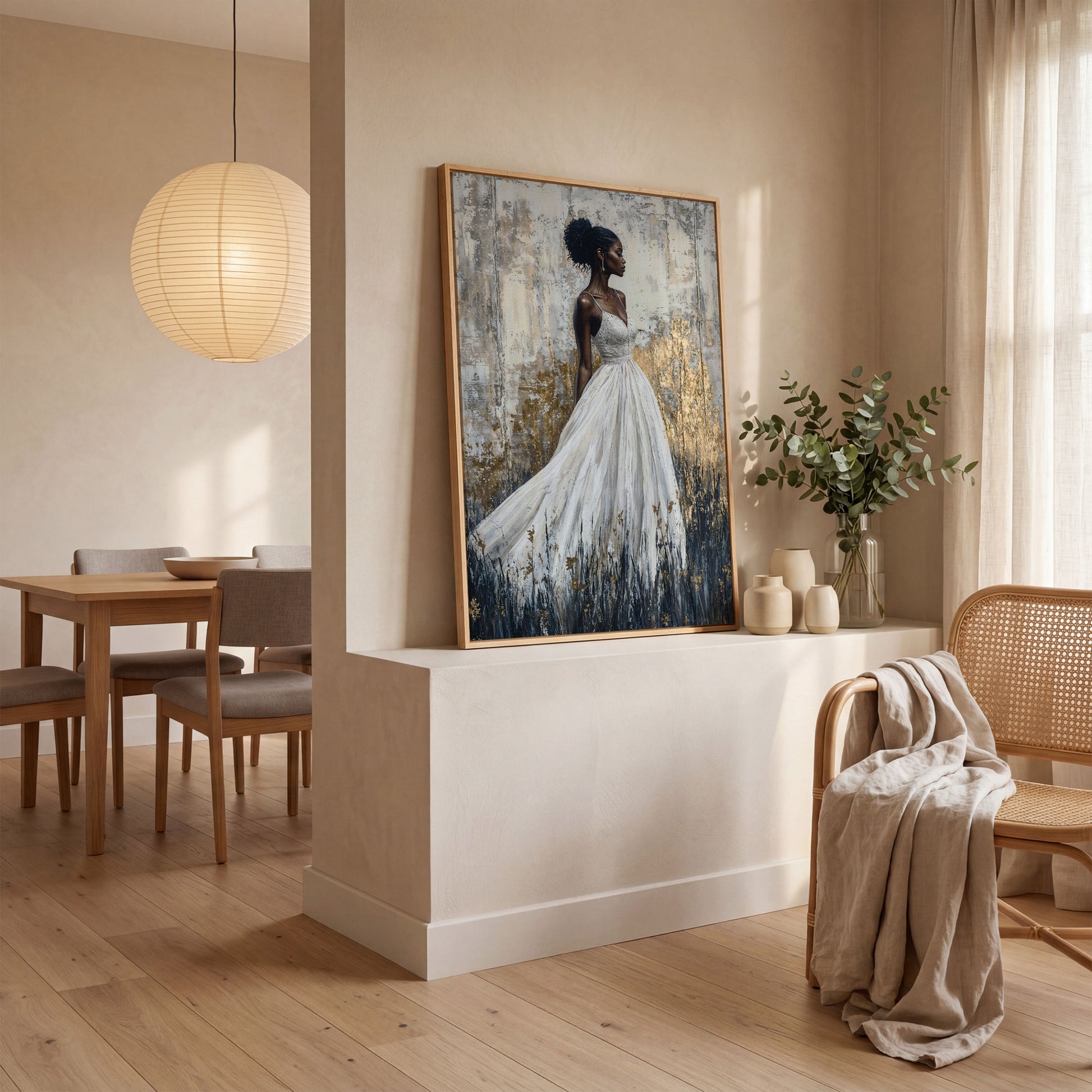 Woman in White Dress, Ivory & Ochre Portrait Canvas in white oak floating frame