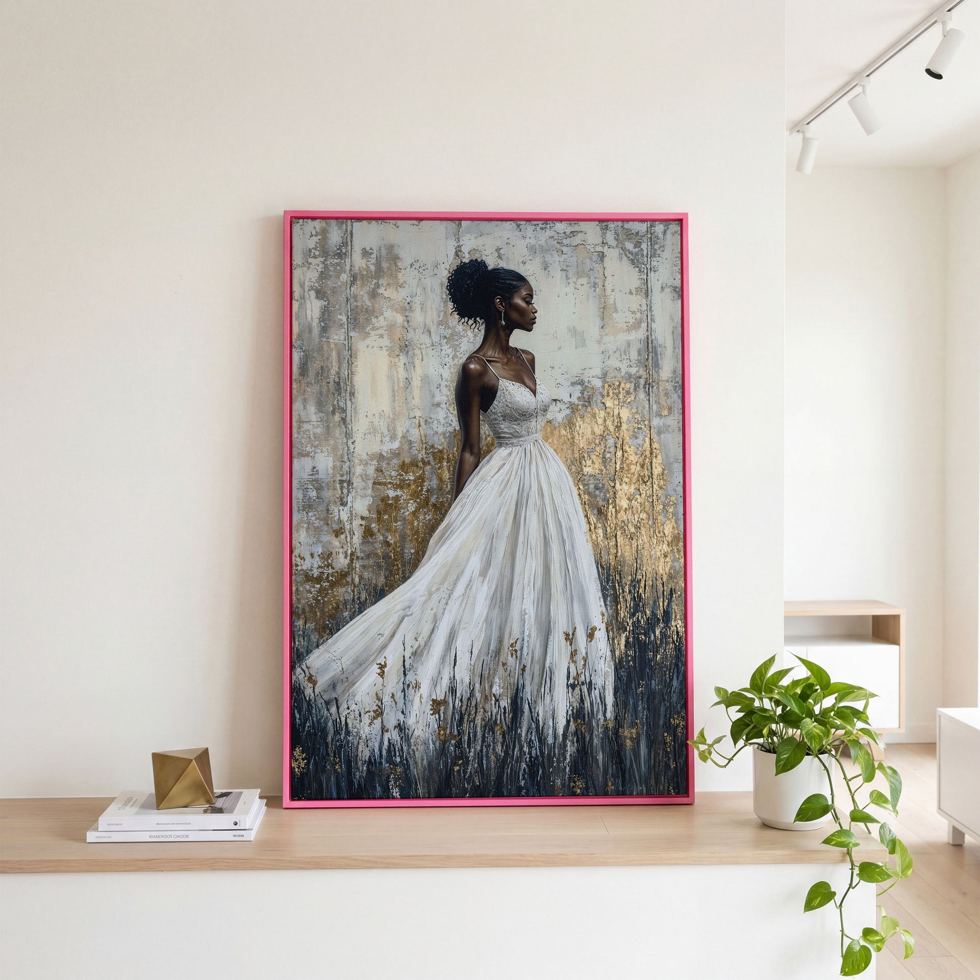 Woman in White Dress, Ivory & Ochre Portrait Canvas in pink floating frame