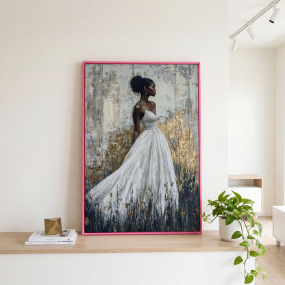 Woman in White Dress, Ivory & Ochre Portrait Canvas in pink floating frame