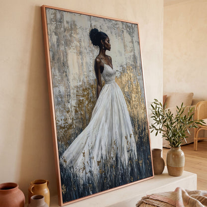 Woman in White Dress, Ivory & Ochre Portrait Canvas in rose gold floating frame