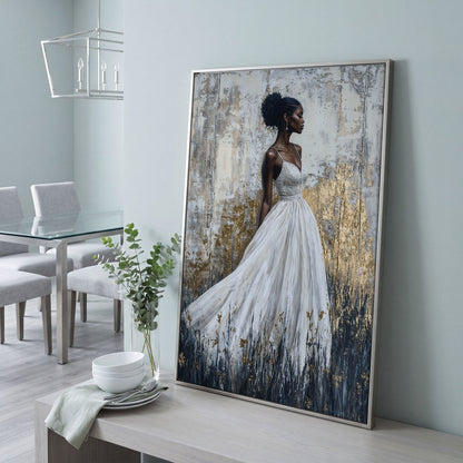 Woman in White Dress, Ivory & Ochre Portrait Canvas in silver floating frame