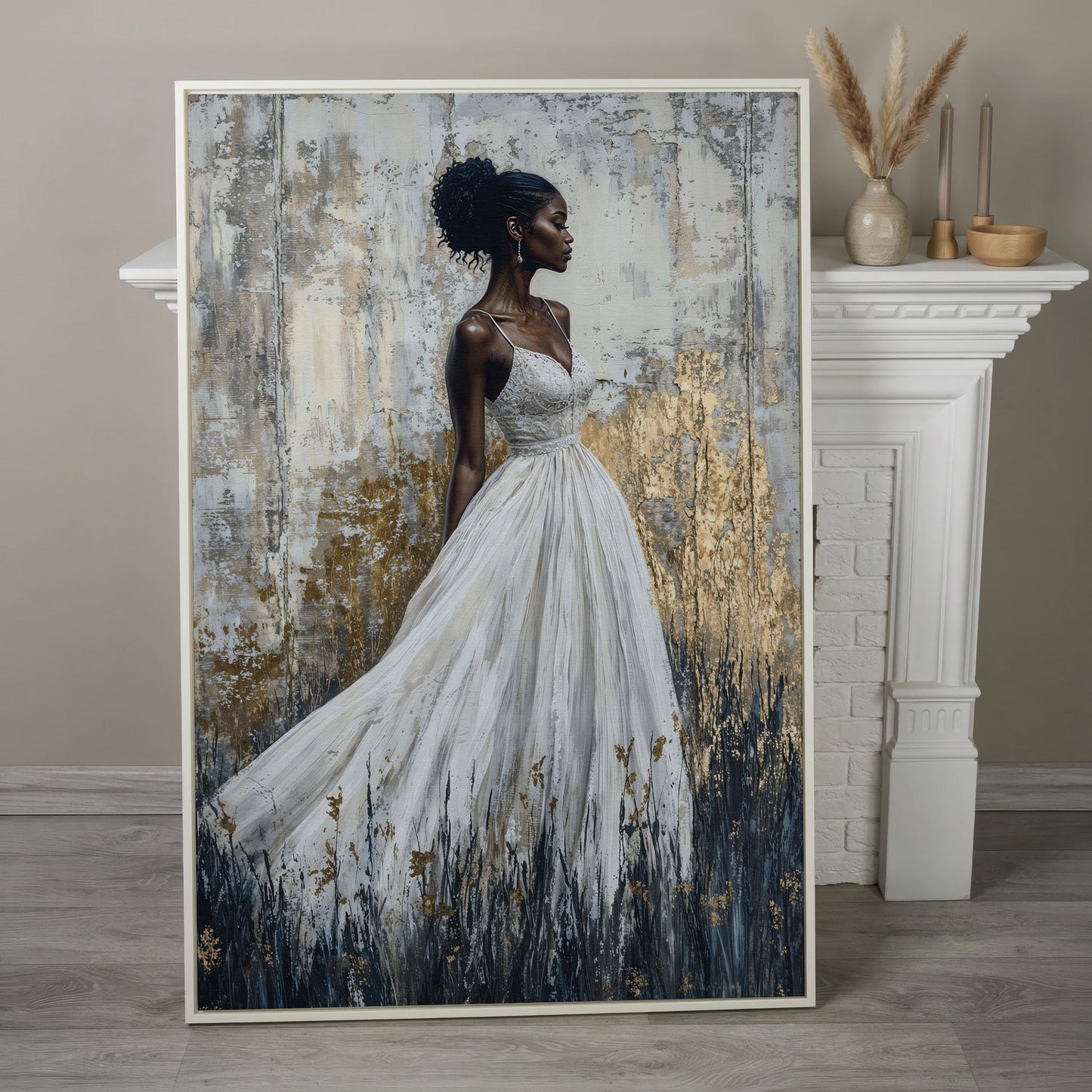 Woman in White Dress, Ivory & Ochre Portrait Canvas in white floating frame