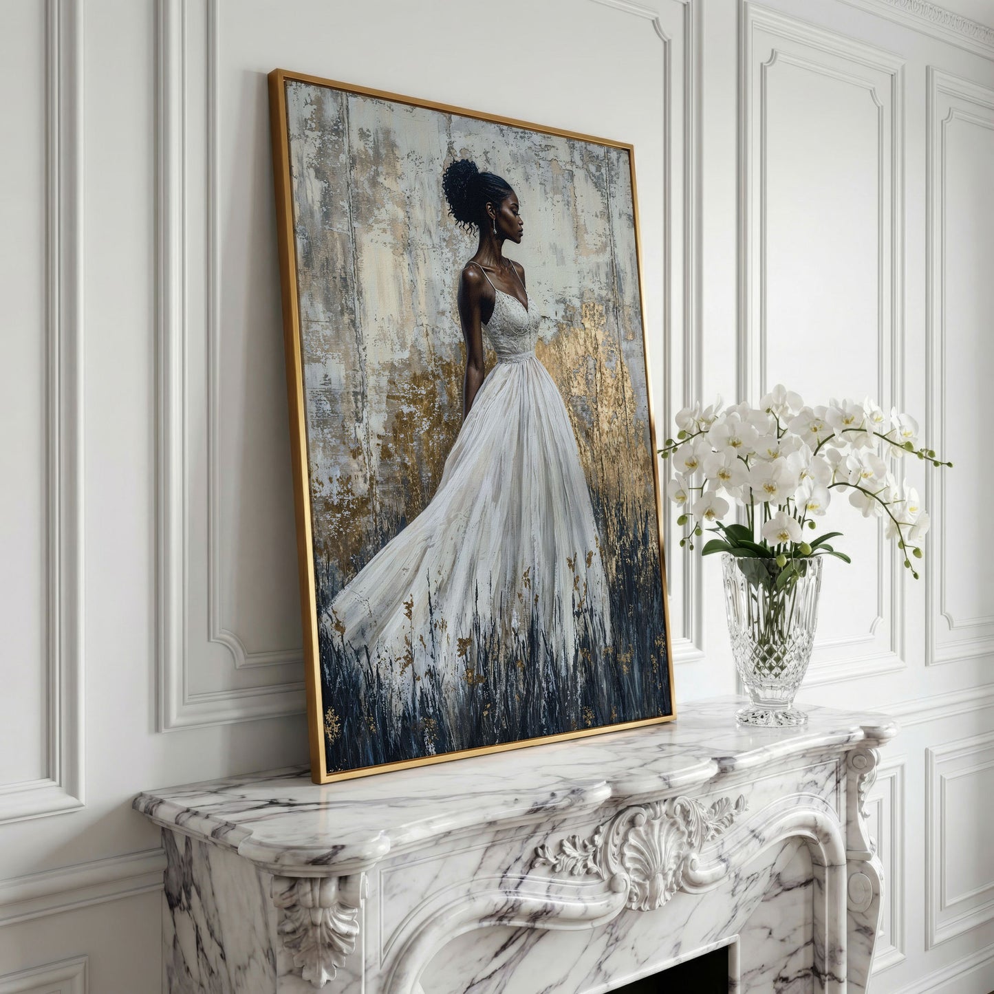 Woman in White Dress, Ivory & Ochre Portrait Canvas in yellow gold floating frame