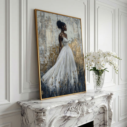 Woman in White Dress, Ivory & Ochre Portrait Canvas in yellow gold floating frame