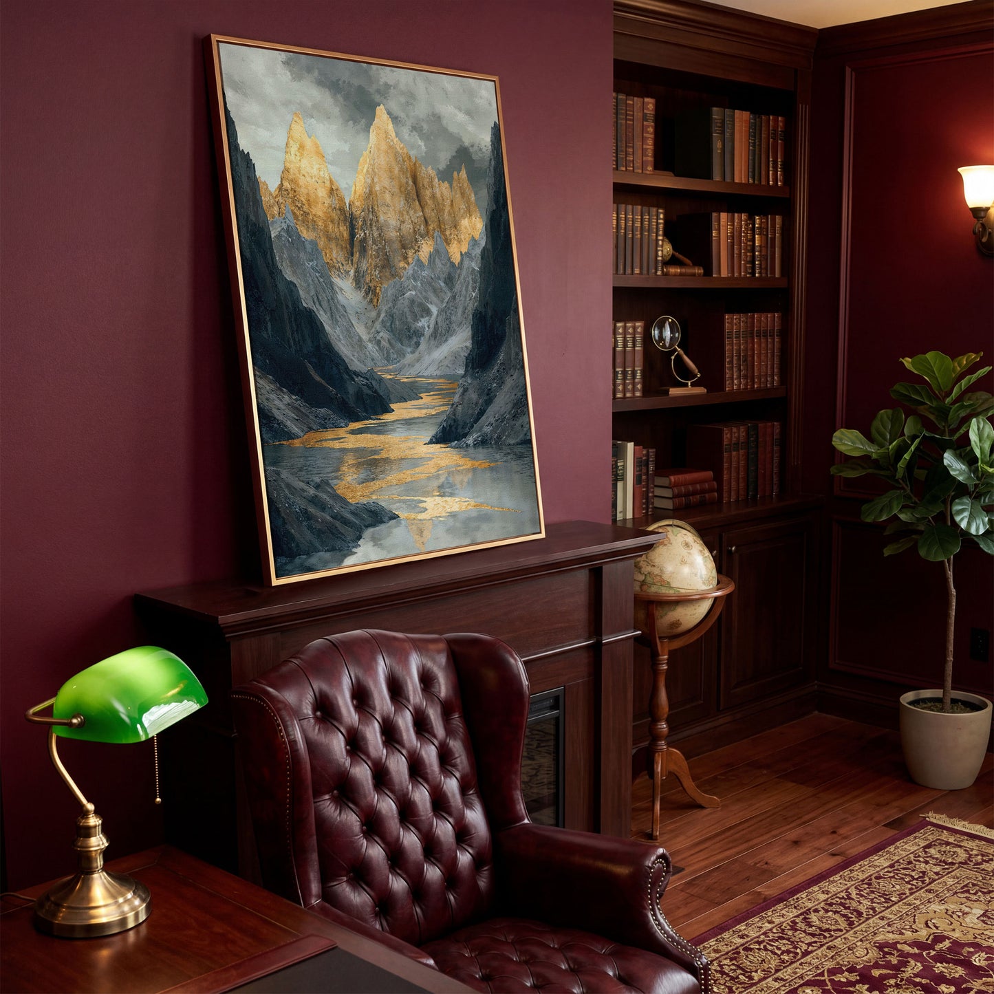 Gray and Gold Mountain Peaks Canvas in antique gold floating frame