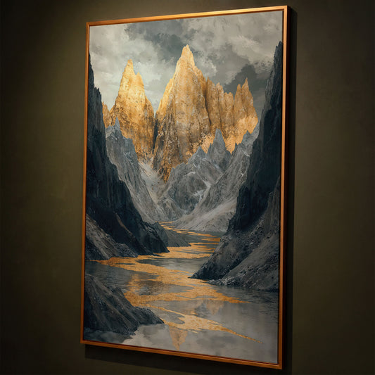 Gray and Gold Mountain Peaks Canvas shown in antique gold floating frame