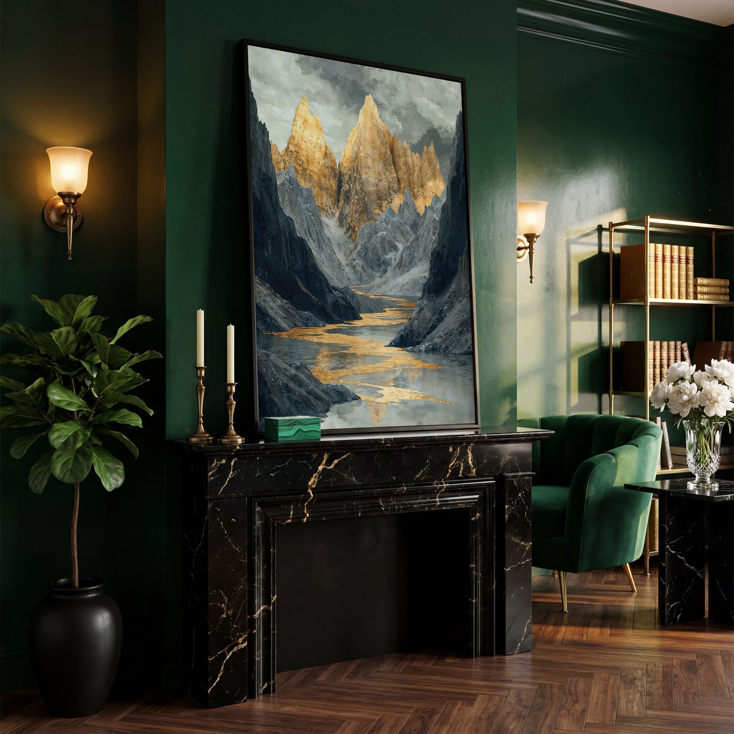 Gray and Gold Mountain Peaks Canvas in black floating frame