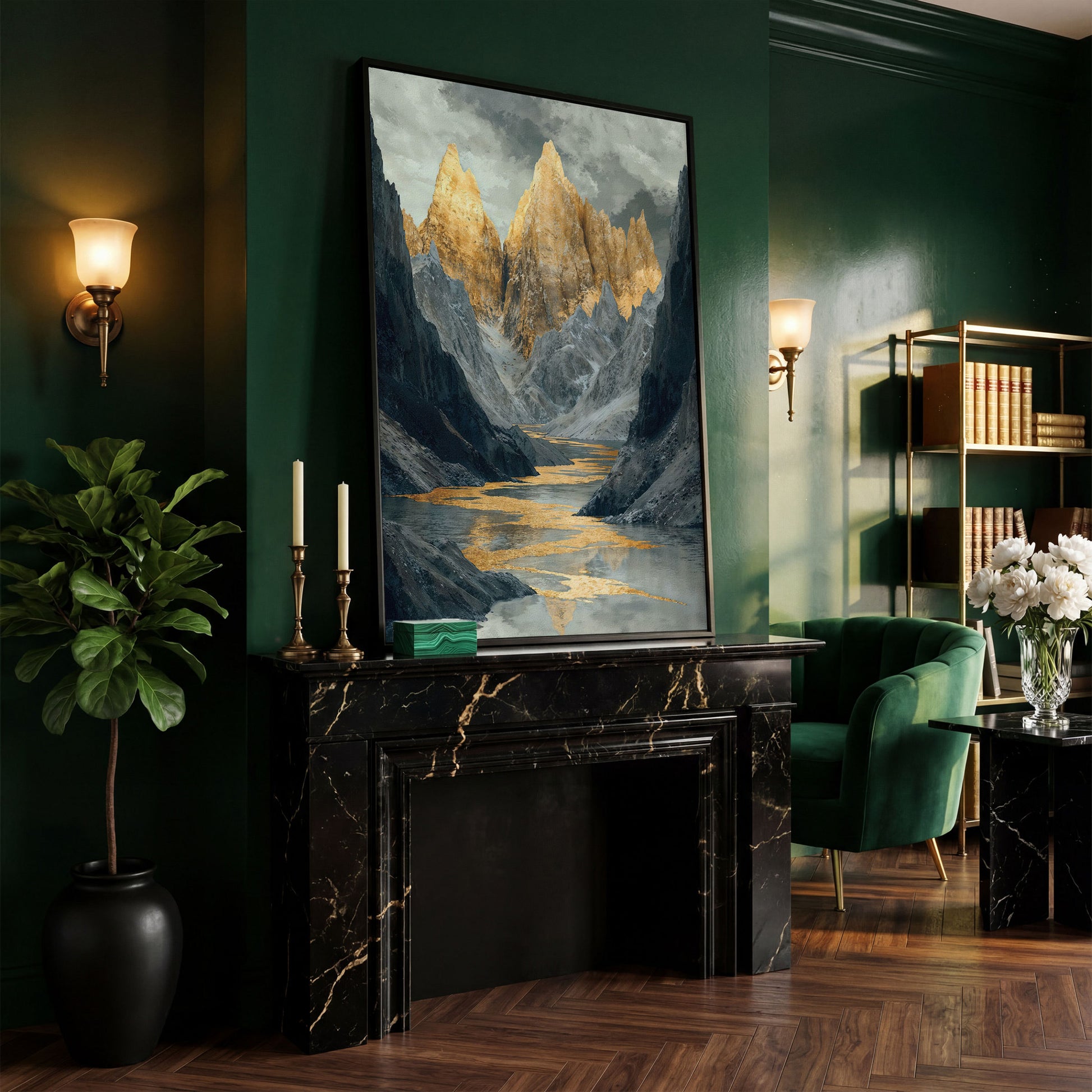 Gray and Gold Mountain Peaks Canvas in black floating frame