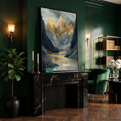 Gray and Gold Mountain Peaks Canvas in black floating frame