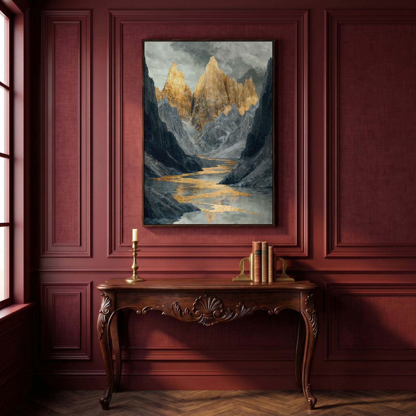 Gray and Gold Mountain Peaks Canvas in dark walnut floating frame
