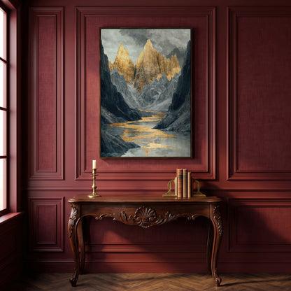 Gray and Gold Mountain Peaks Canvas in dark walnut floating frame