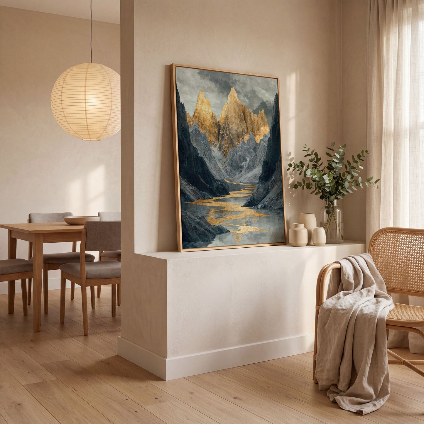 Gray and Gold Mountain Peaks Canvas in white oak floating frame